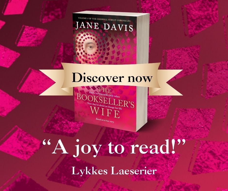 Book titled 'The Bookseller's Wife' by Jane Davis on a red background with promotional text.