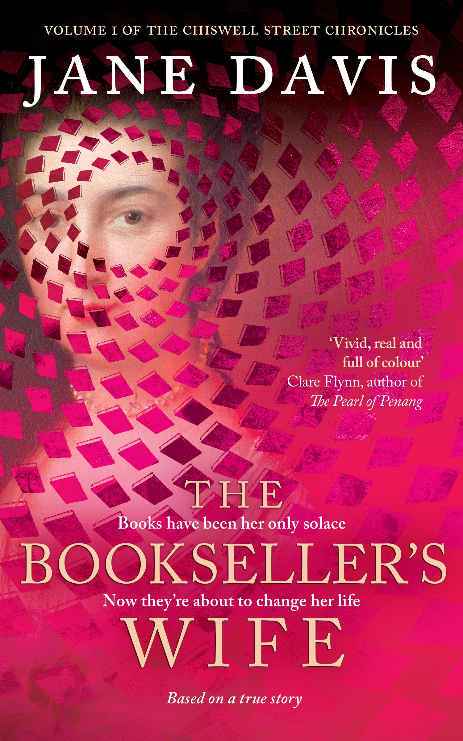 Book cover of 'The Bookseller's Wife' by Jane Davis with a pink and red patterned design.