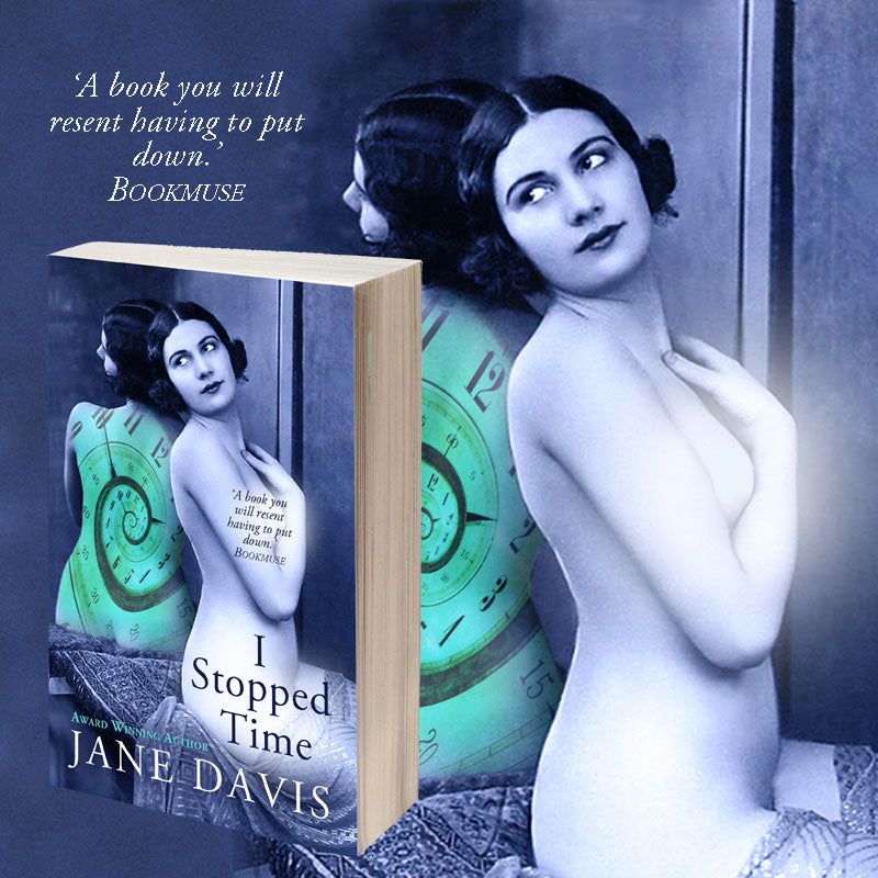 Book cover of 'I Stopped Time' by Jane Davis with a vintage-style woman and clock design.